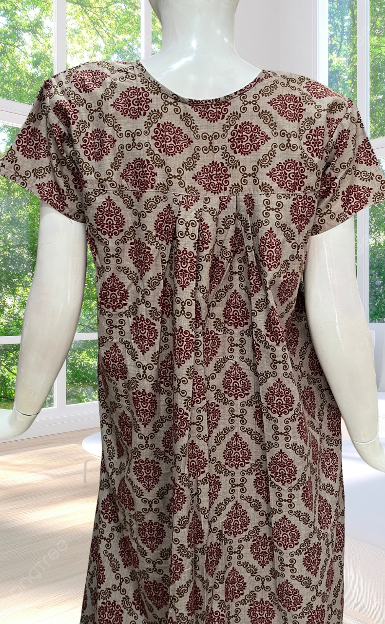 Grey Ethnic Print Full Open Soft Cotton Nighty. Soft Breathable Fabric | Laces and Frills