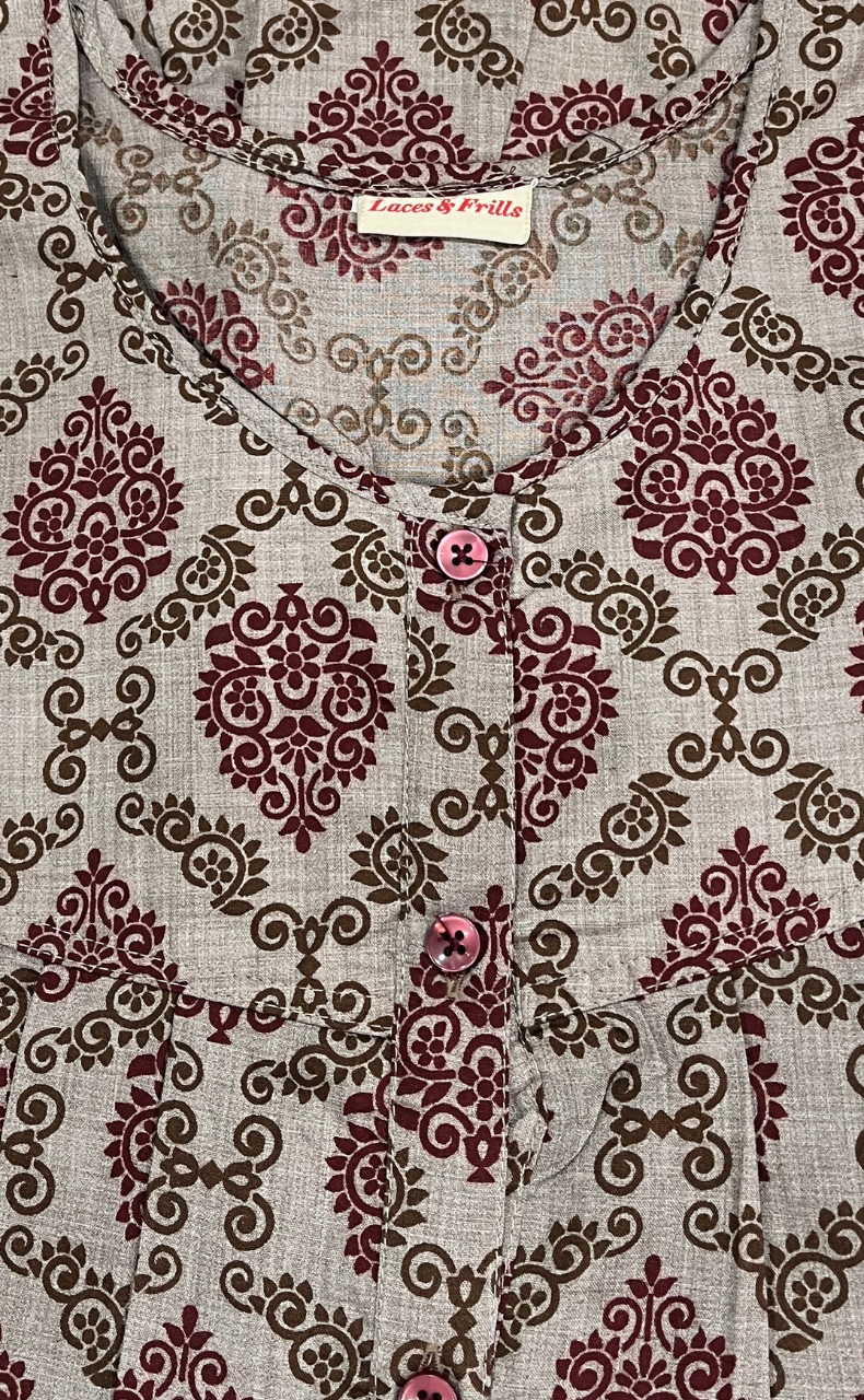 Grey Ethnic Print Full Open Soft Cotton Nighty. Soft Breathable Fabric | Laces and Frills