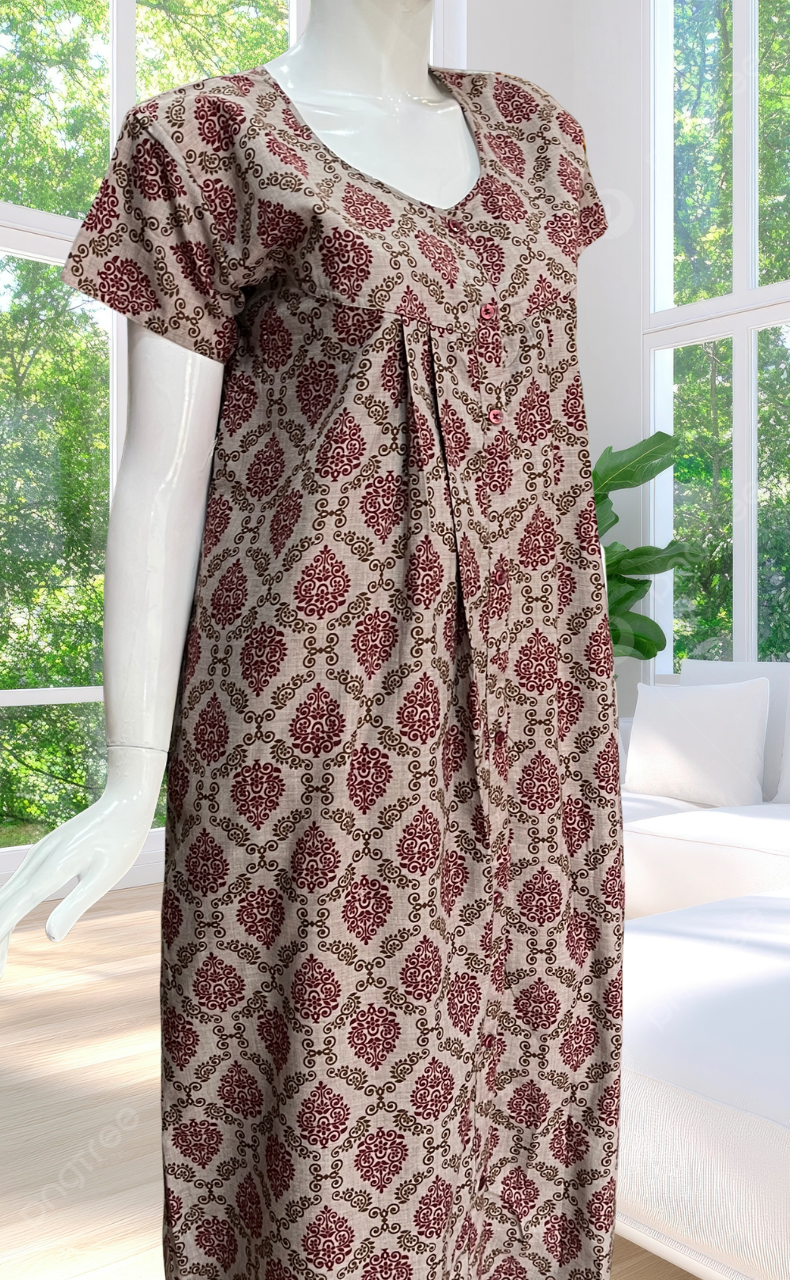 Grey Ethnic Print Full Open Soft Cotton Nighty. Soft Breathable Fabric | Laces and Frills