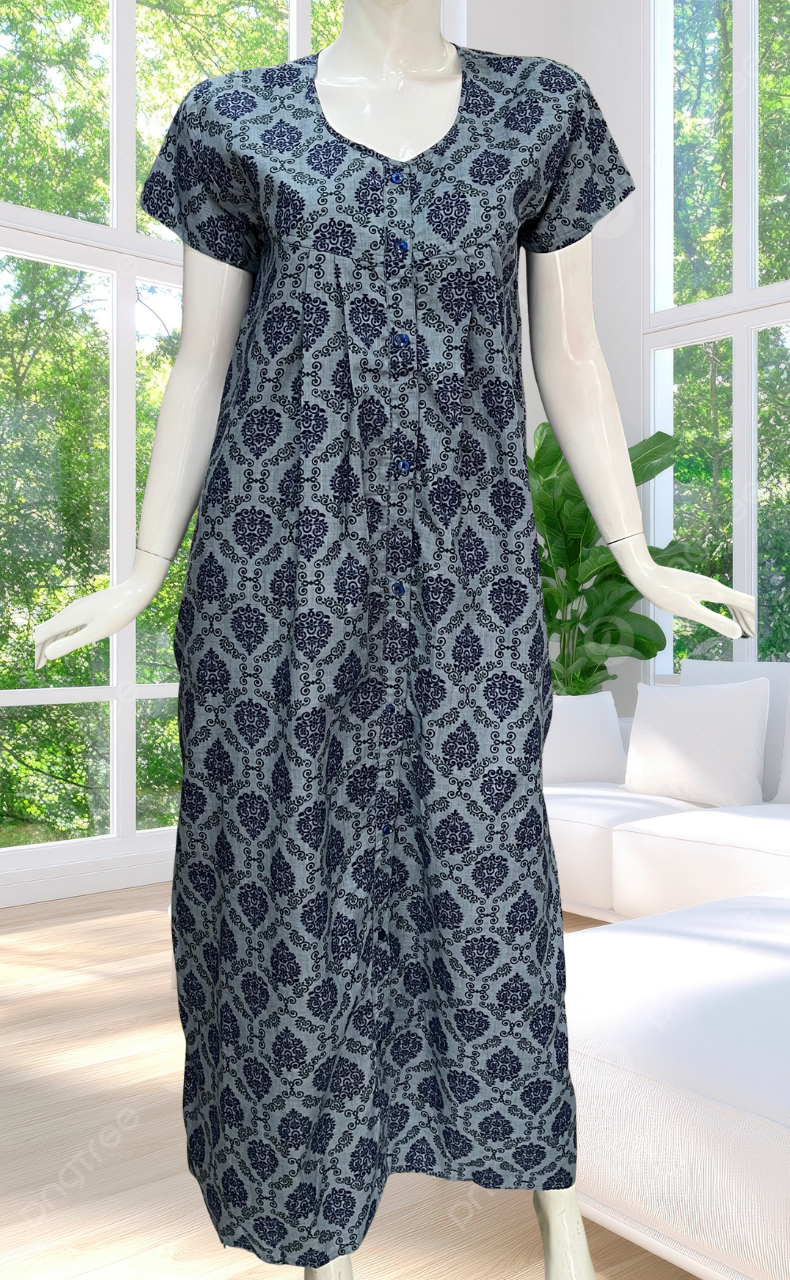Blue Ethnic Print Full Open Soft Cotton Nighty. Soft Breathable Fabric | Laces and Frills