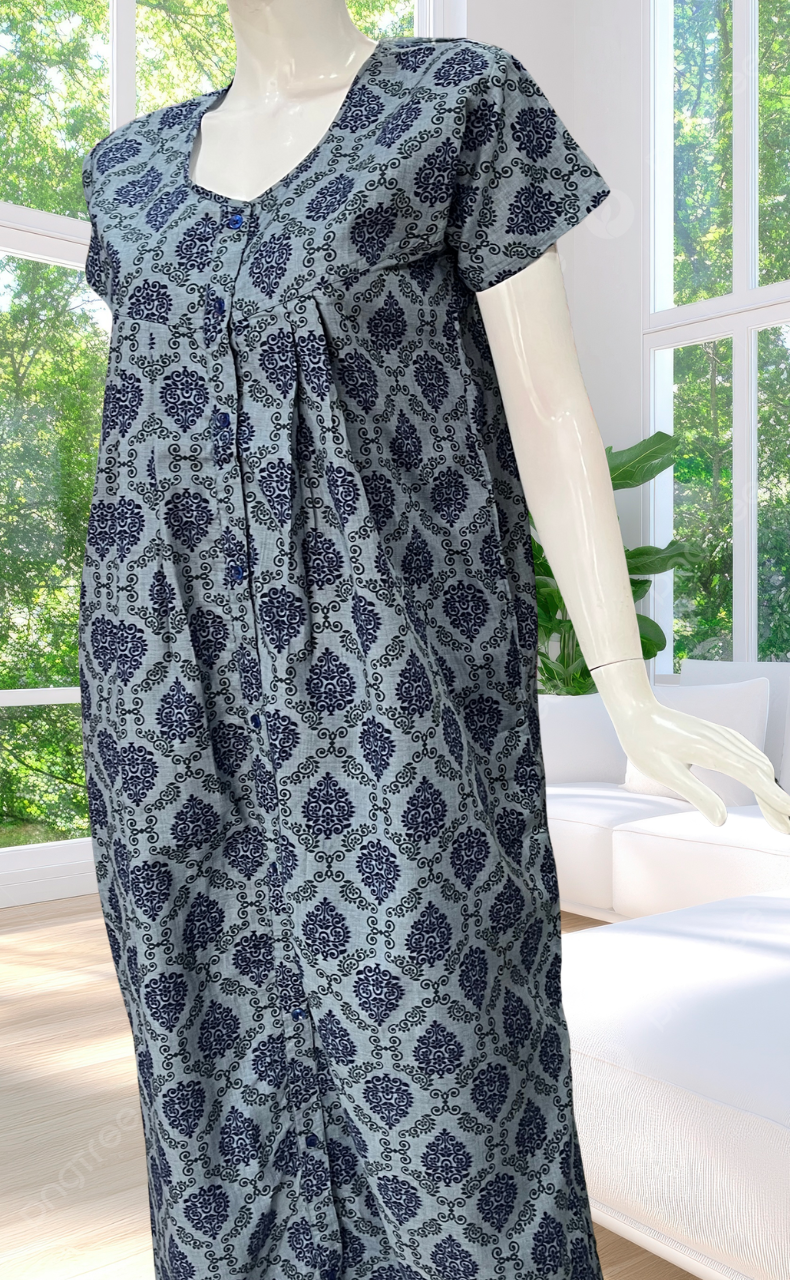 Blue Ethnic Print Full Open Soft Cotton Nighty. Soft Breathable Fabric | Laces and Frills
