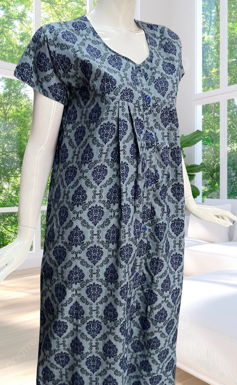 Blue Ethnic Print Full Open Soft Cotton Nighty. Soft Breathable Fabric | Laces and Frills