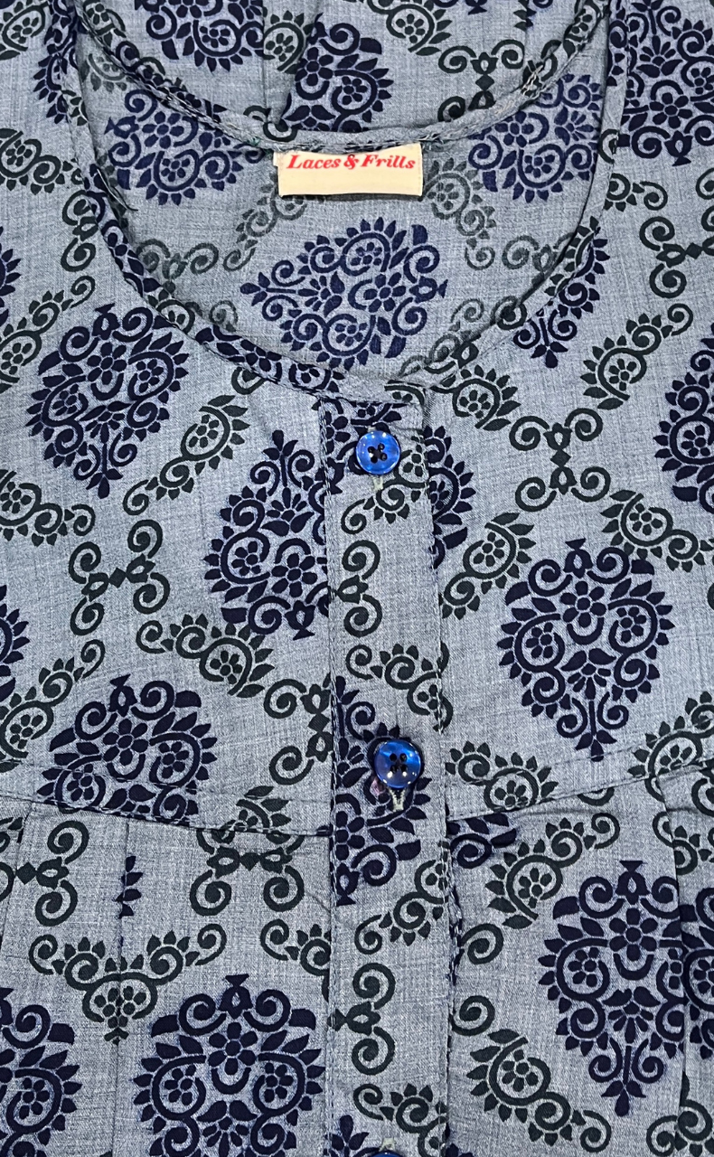Blue Ethnic Print Full Open Soft Cotton Nighty. Soft Breathable Fabric | Laces and Frills