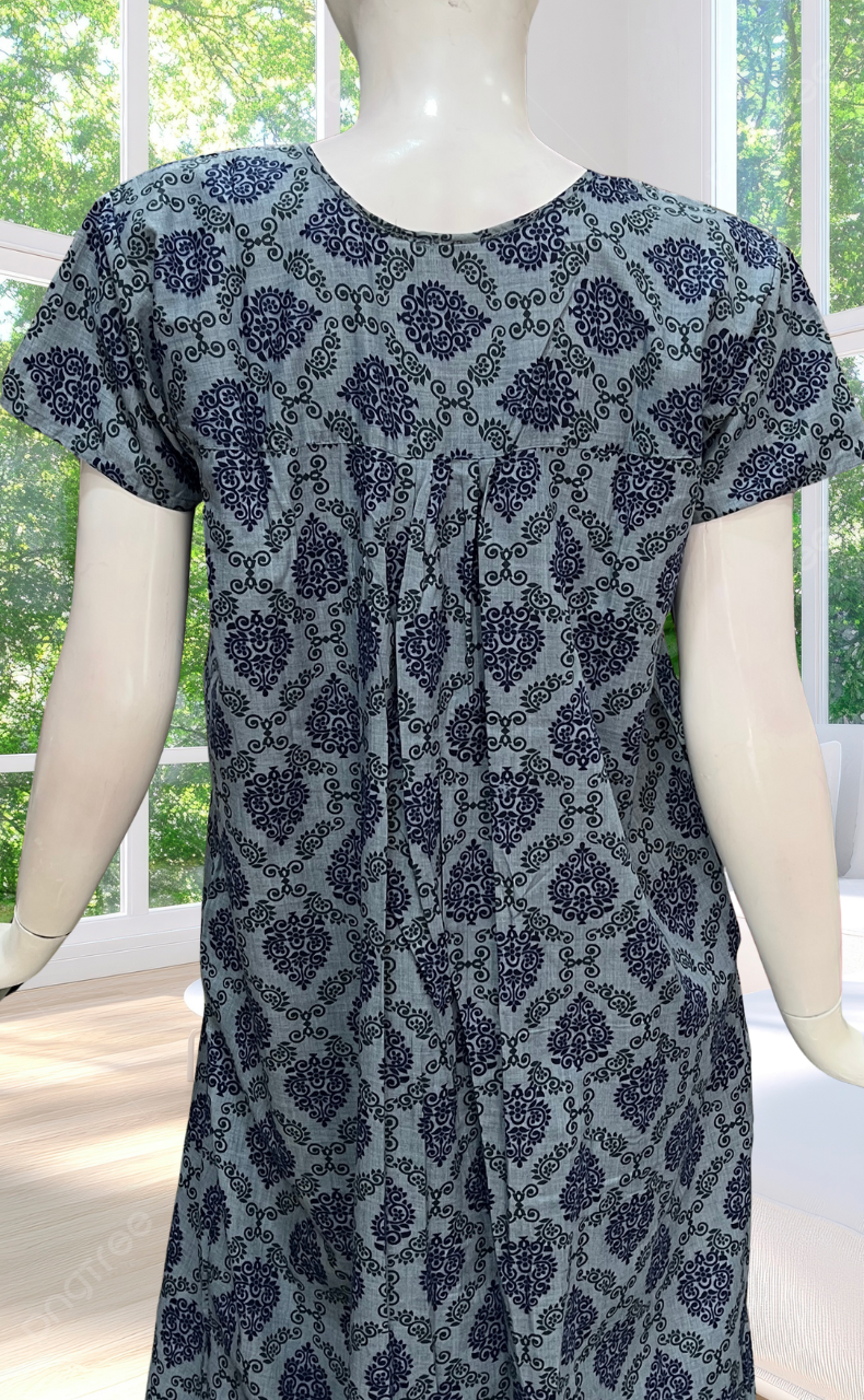 Blue Ethnic Print Full Open Soft Cotton Nighty. Soft Breathable Fabric | Laces and Frills