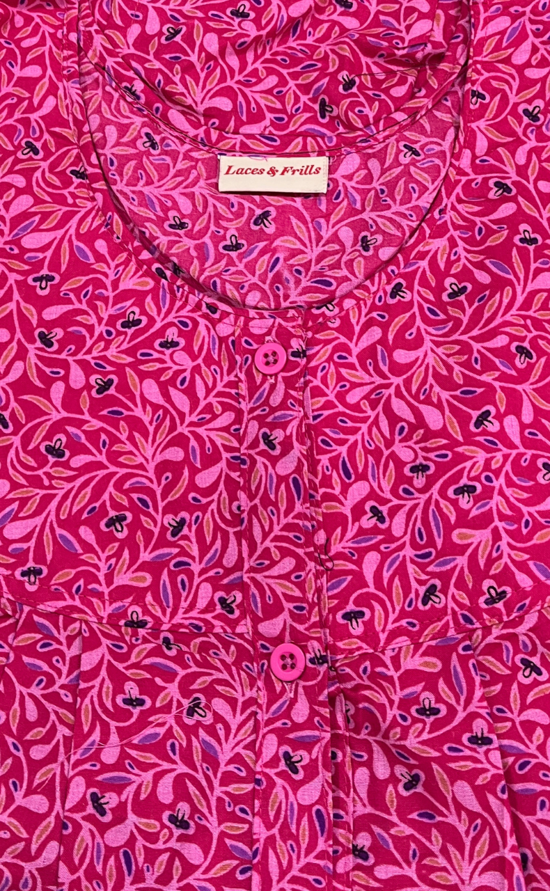Pink Garden Full Open Soft Cotton Nighty. Soft Breathable Fabric | Laces and Frills