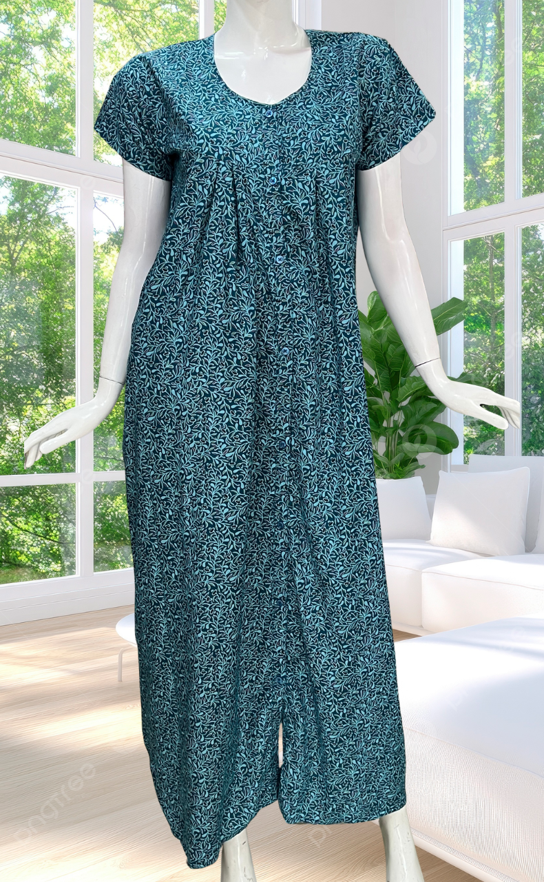 Teal Green Garden Full Open Soft Cotton Nighty. Soft Breathable Fabric | Laces and Frills