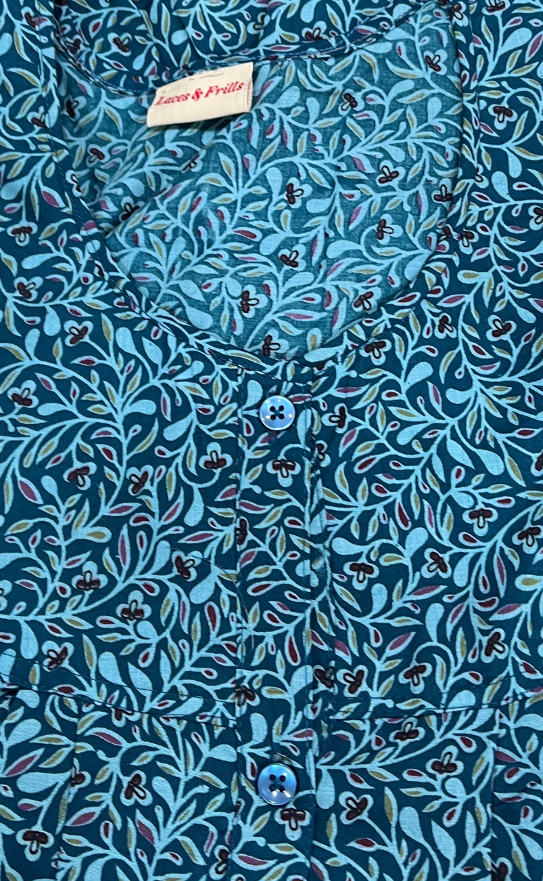 Teal Green Garden Full Open Soft Cotton Nighty. Soft Breathable Fabric | Laces and Frills