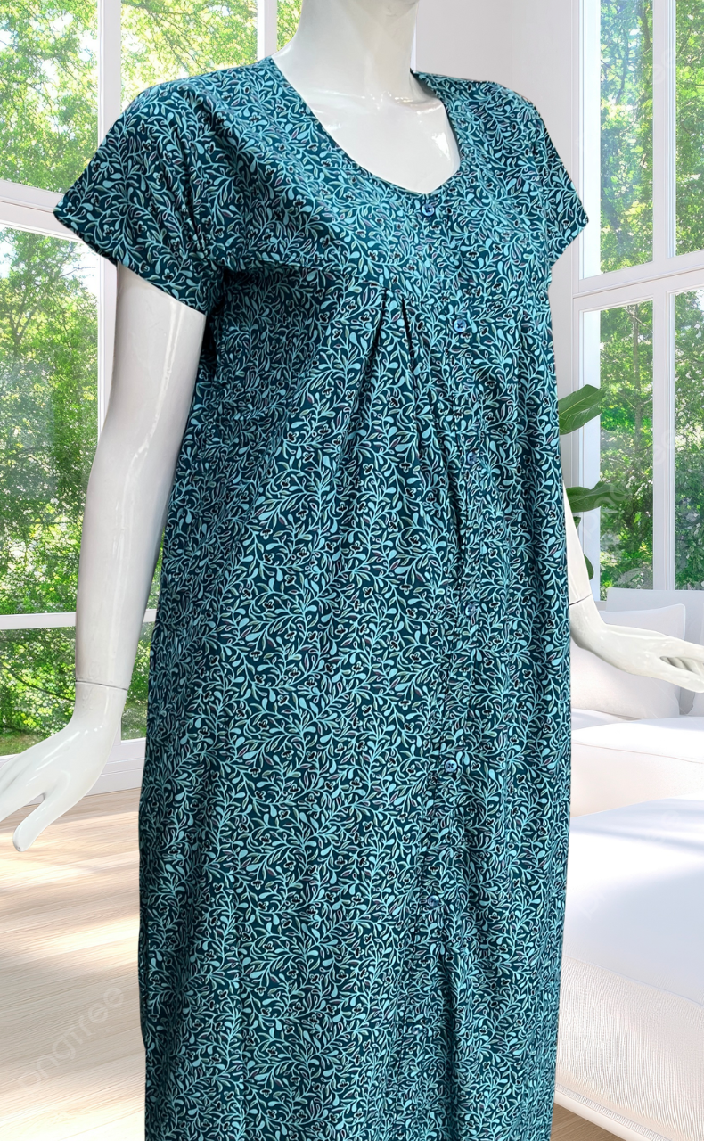 Teal Green Garden Full Open Soft Cotton Nighty. Soft Breathable Fabric | Laces and Frills