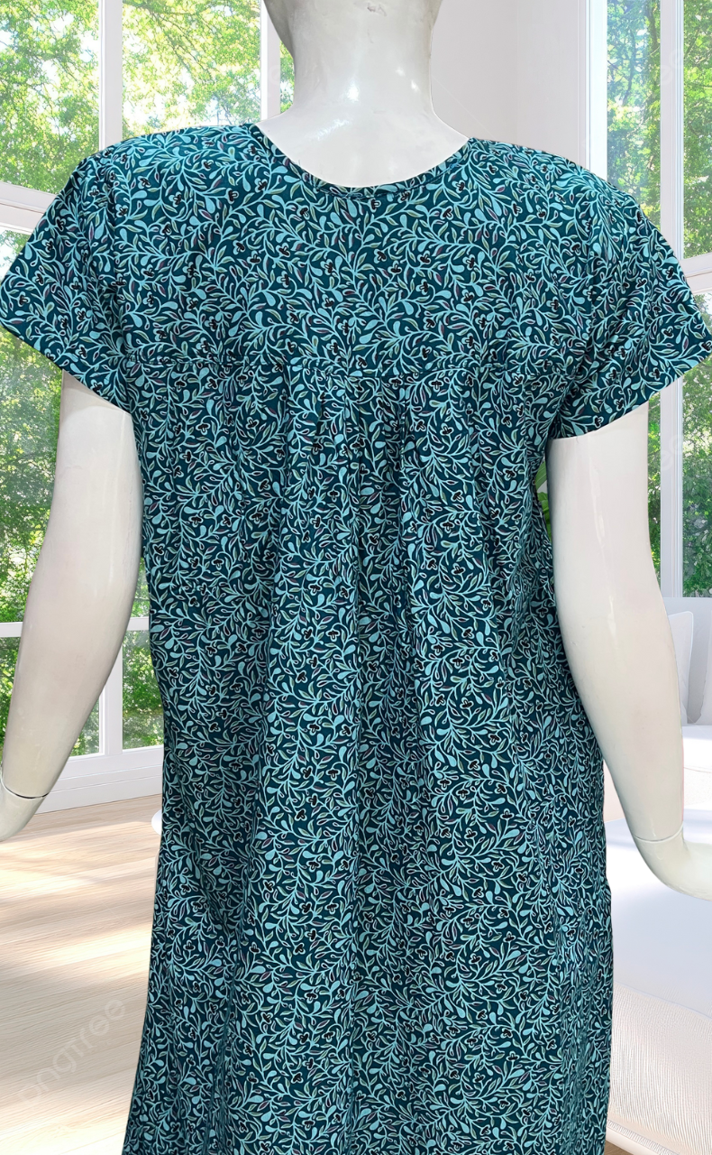 Teal Green Garden Full Open Soft Cotton Nighty. Soft Breathable Fabric | Laces and Frills