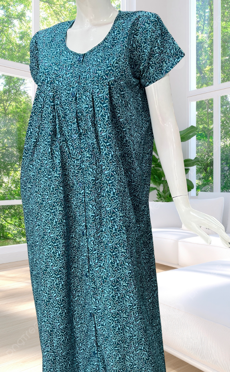 Teal Green Garden Full Open Soft Cotton Nighty. Soft Breathable Fabric | Laces and Frills