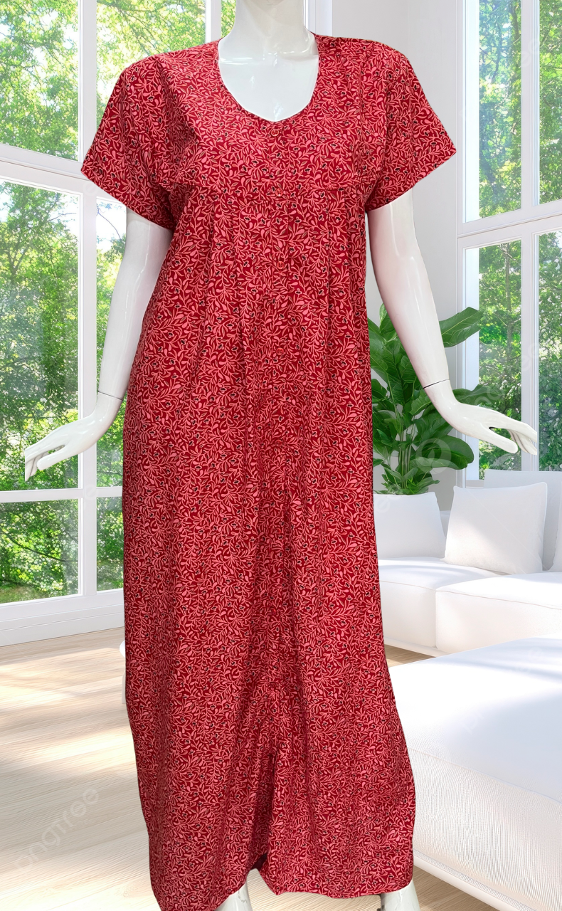 Red Garden Full Open Soft Cotton Nighty. Soft Breathable Fabric | Laces and Frills