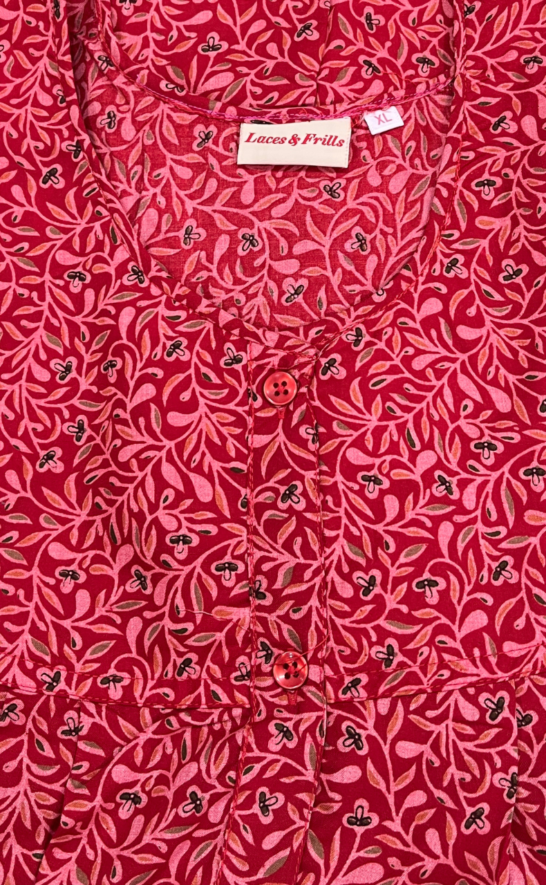 Red Garden Full Open Soft Cotton Nighty. Soft Breathable Fabric | Laces and Frills