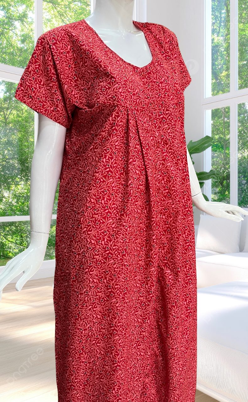 Red Garden Full Open Soft Cotton Nighty. Soft Breathable Fabric | Laces and Frills