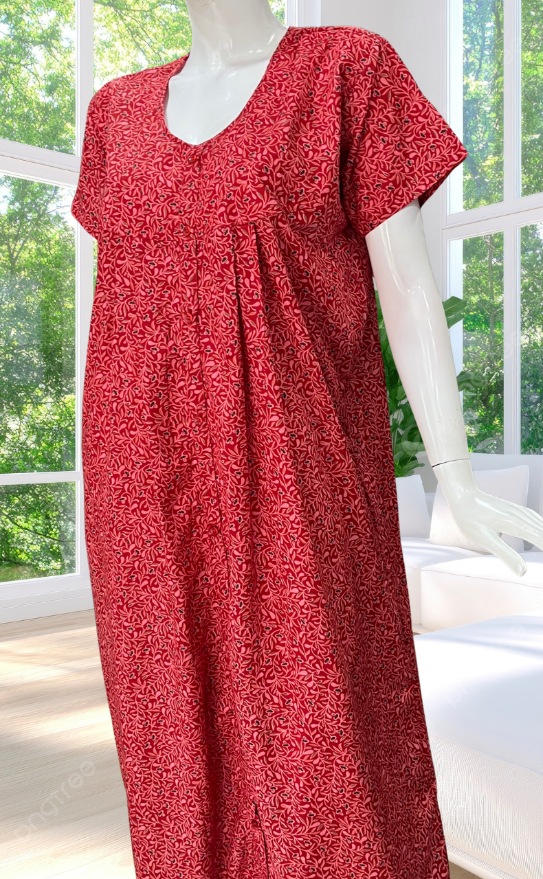 Red Garden Full Open Soft Cotton Nighty. Soft Breathable Fabric | Laces and Frills