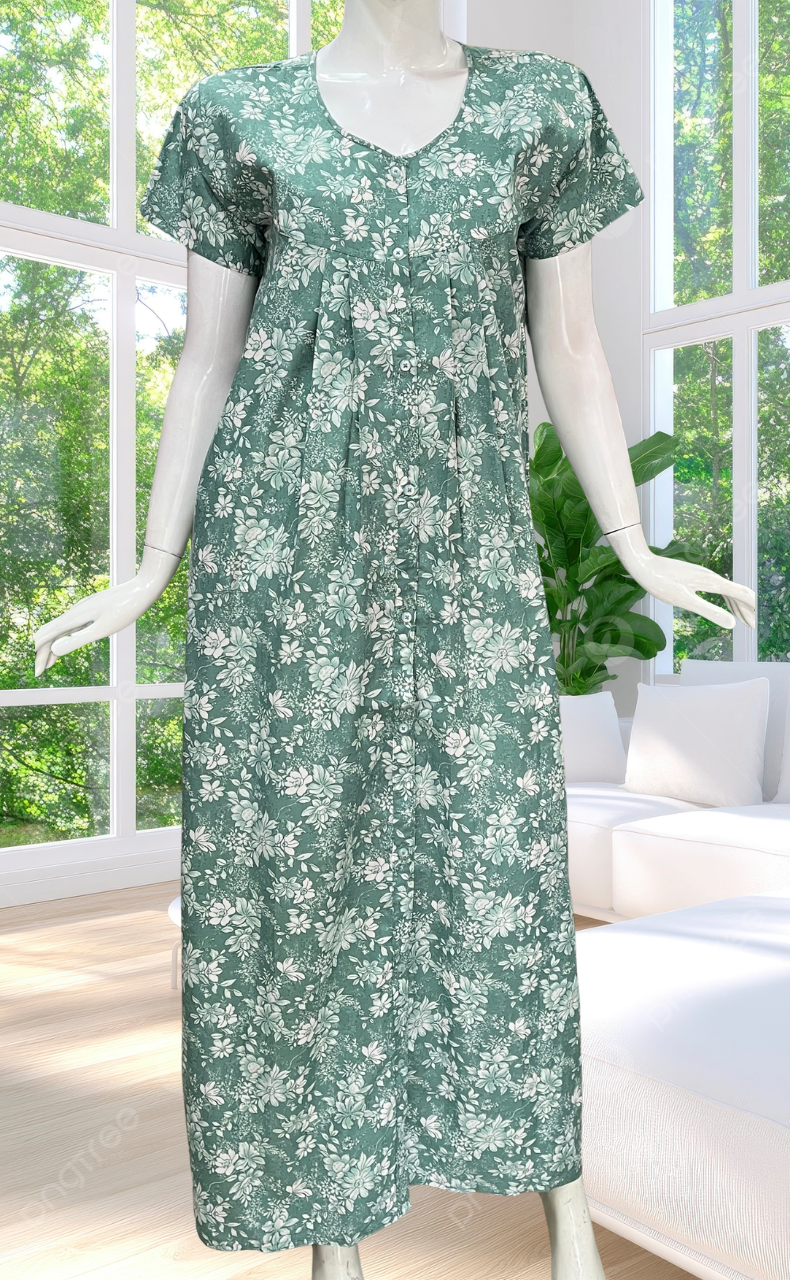 Pista Green Garden Full Open Soft Cotton Nighty. Soft Breathable Fabric | Laces and Frills