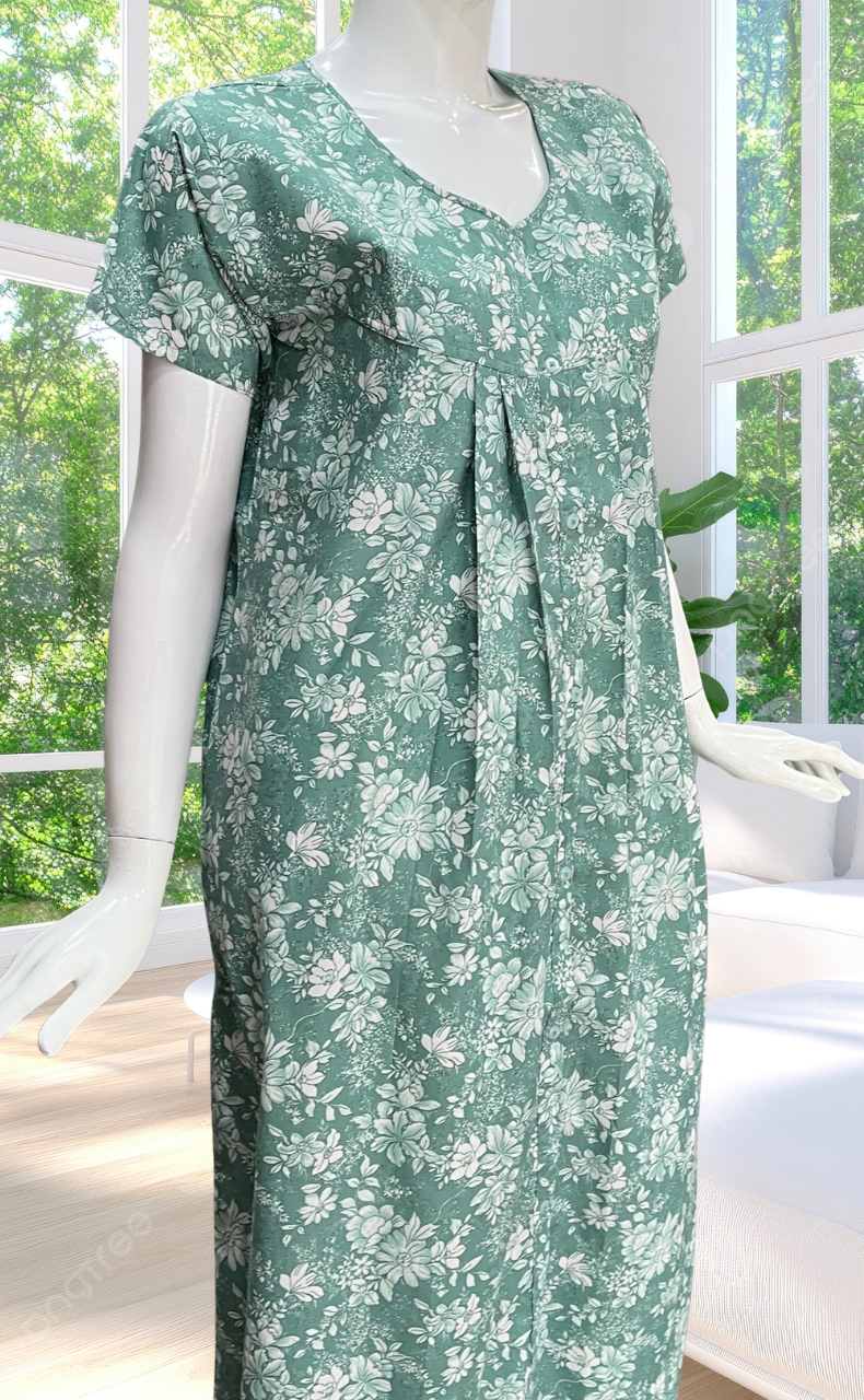Pista Green Garden Full Open Soft Cotton Nighty. Soft Breathable Fabric | Laces and Frills