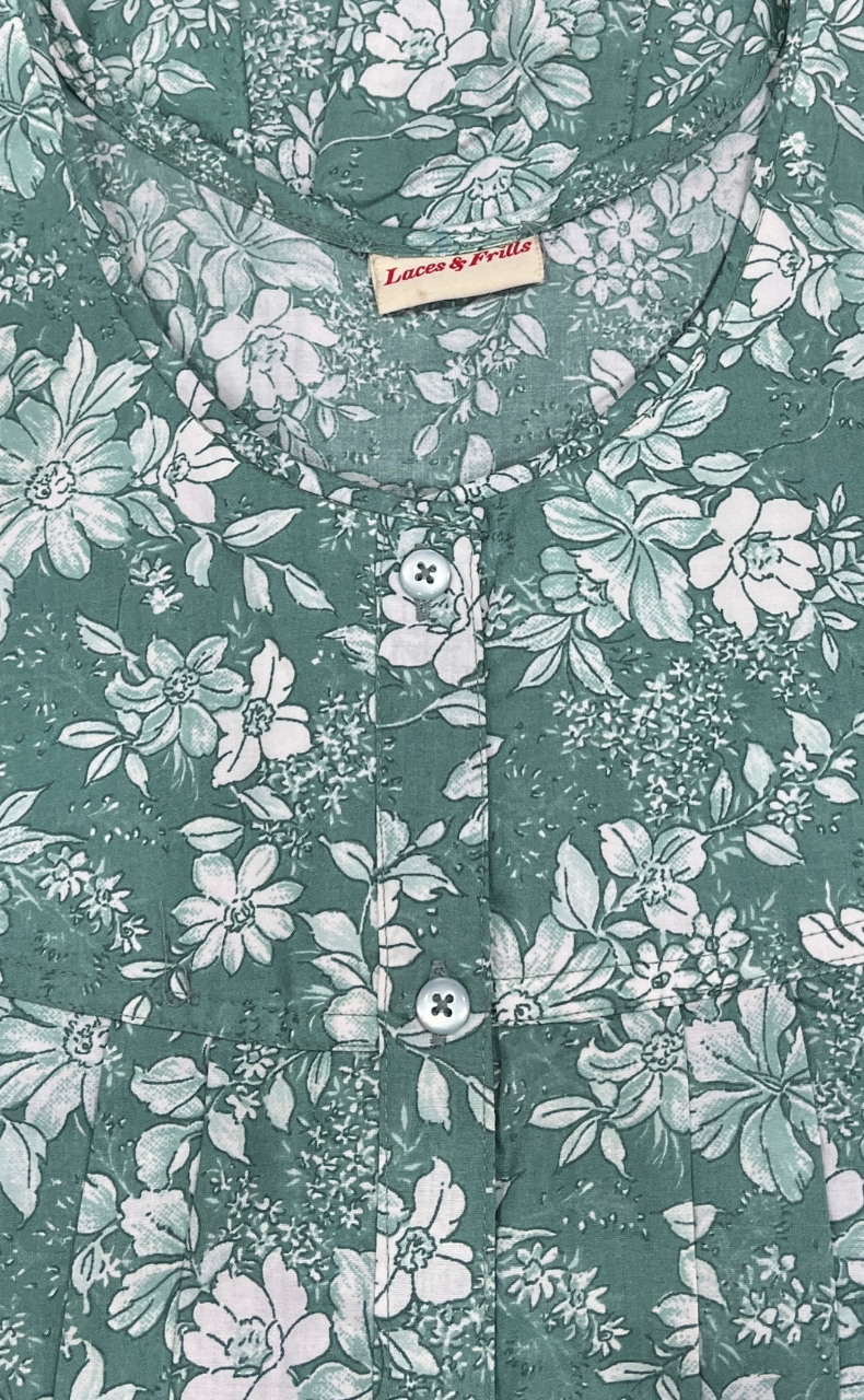 Pista Green Garden Full Open Soft Cotton Nighty. Soft Breathable Fabric | Laces and Frills