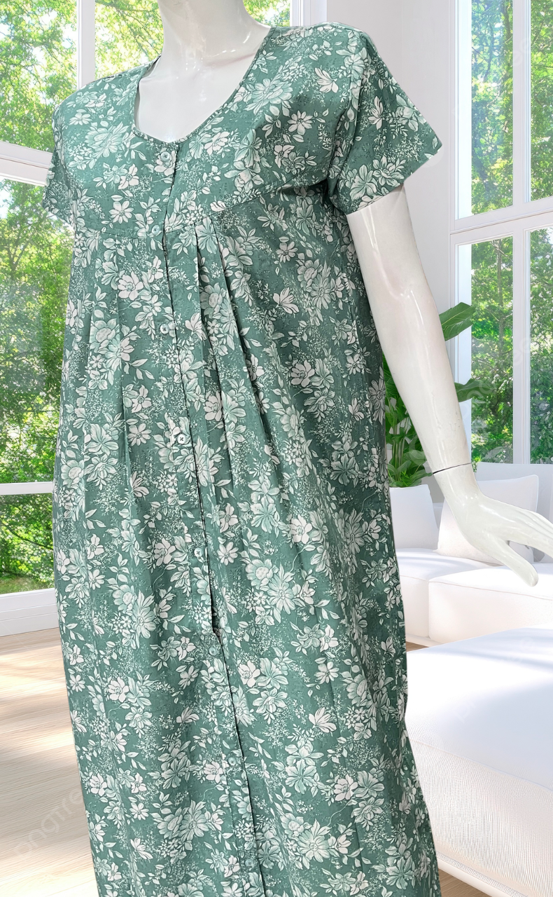 Pista Green Garden Full Open Soft Cotton Nighty. Soft Breathable Fabric | Laces and Frills