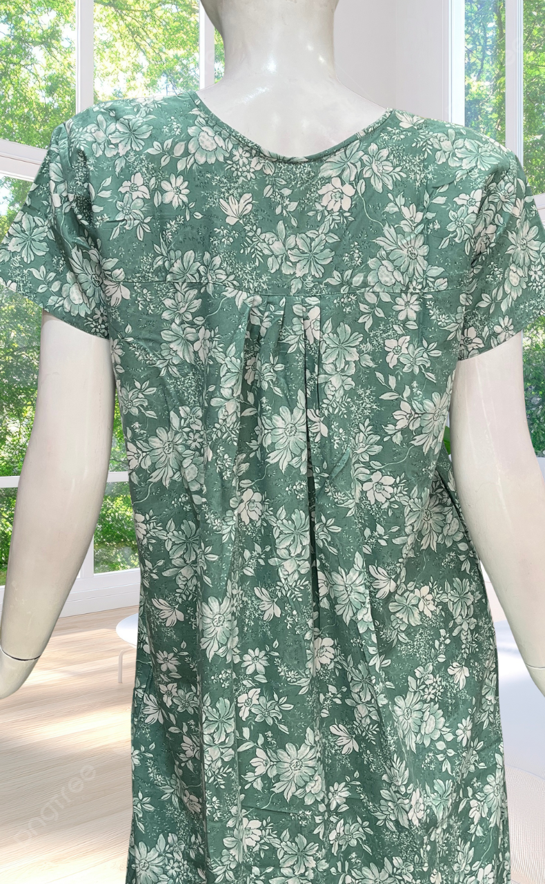 Pista Green Garden Full Open Soft Cotton Nighty. Soft Breathable Fabric | Laces and Frills