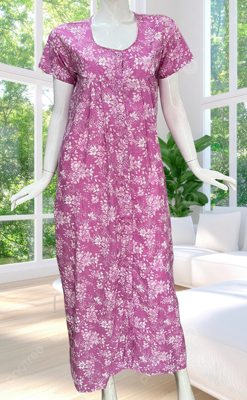 Purple Garden Full Open Soft Cotton Nighty. Soft Breathable Fabric | Laces and Frills