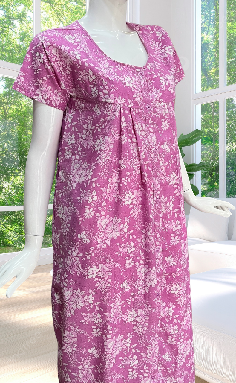 Purple Garden Full Open Soft Cotton Nighty. Soft Breathable Fabric | Laces and Frills