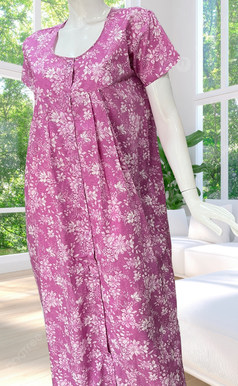 Purple Garden Full Open Soft Cotton Nighty. Soft Breathable Fabric | Laces and Frills