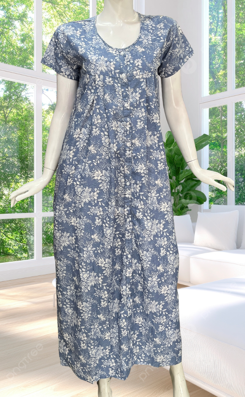 Blue Garden Full Open Soft Cotton Nighty. Soft Breathable Fabric | Laces and Frills
