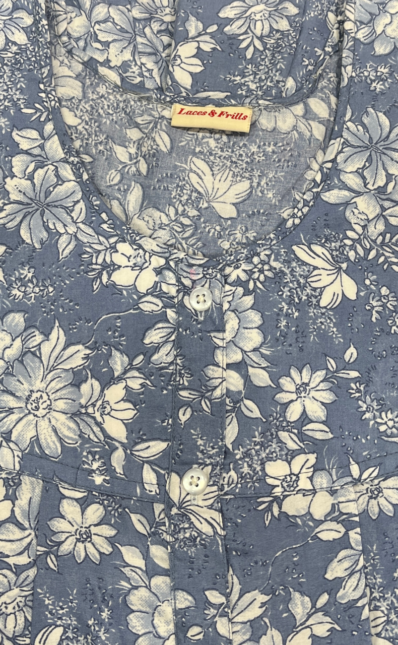 Blue Garden Full Open Soft Cotton Nighty. Soft Breathable Fabric | Laces and Frills
