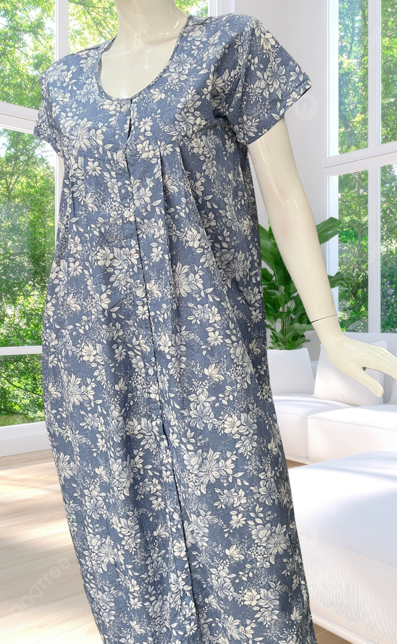 Blue Garden Full Open Soft Cotton Nighty. Soft Breathable Fabric | Laces and Frills