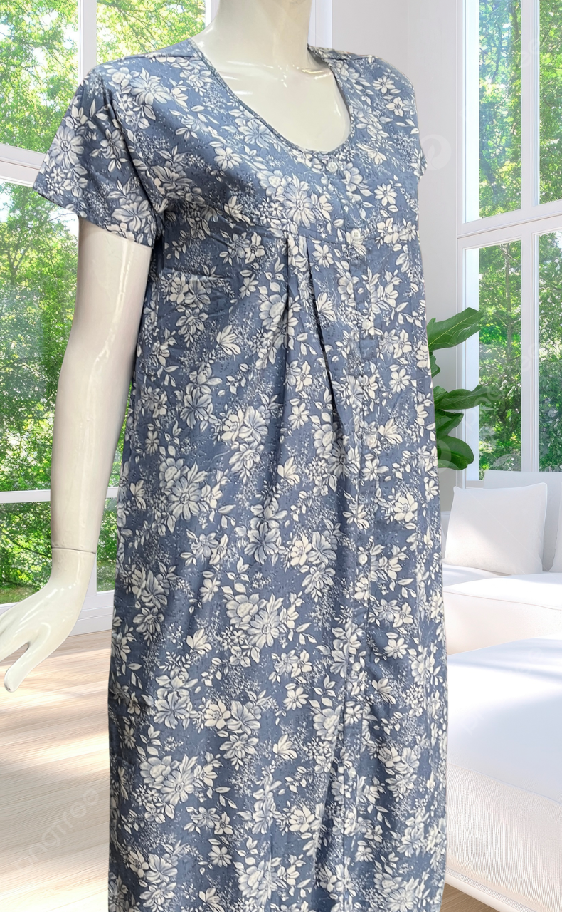 Blue Garden Full Open Soft Cotton Nighty. Soft Breathable Fabric | Laces and Frills
