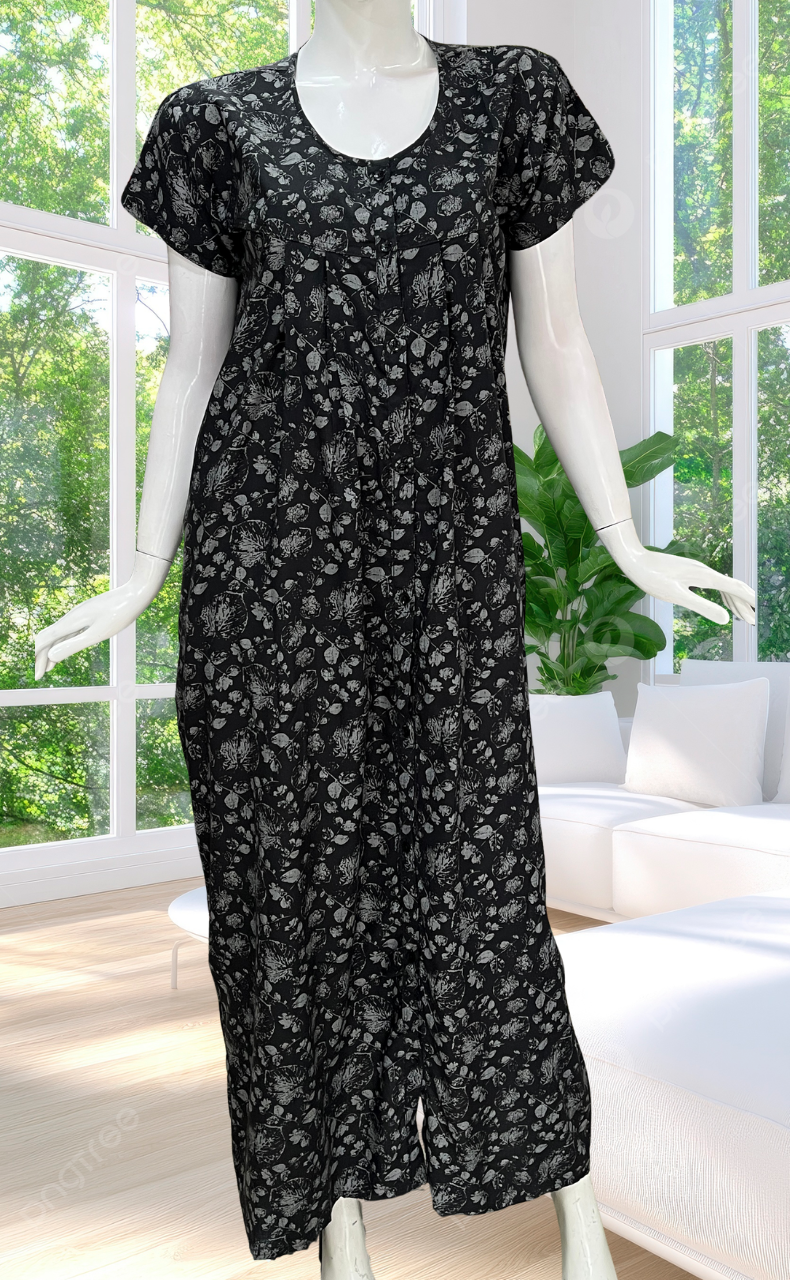 Black Leafy Full Open Soft Cotton Nighty. Soft Breathable Fabric | Laces and Frills