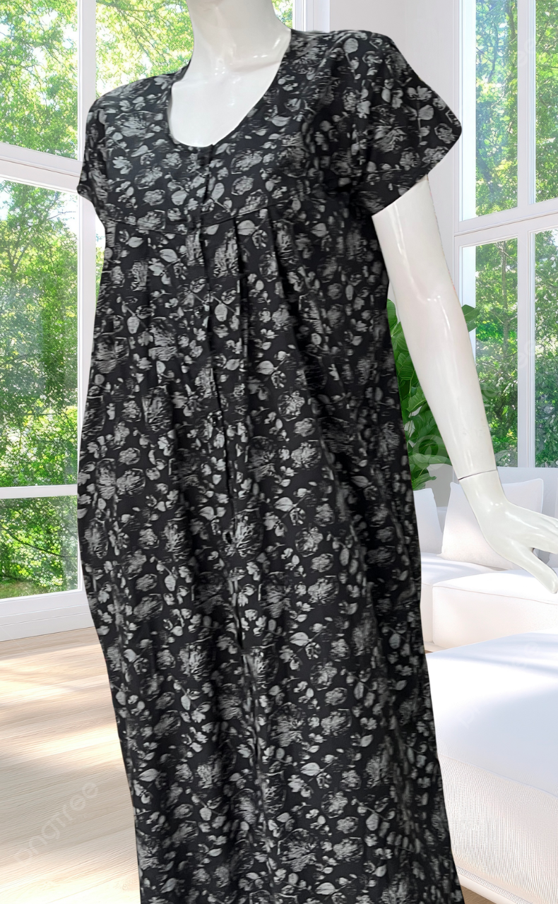 Black Leafy Full Open Soft Cotton Nighty. Soft Breathable Fabric | Laces and Frills