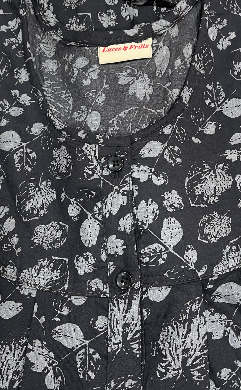Black Leafy Full Open Soft Cotton Nighty. Soft Breathable Fabric | Laces and Frills