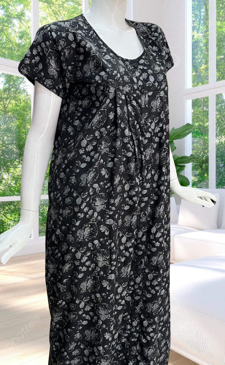 Black Leafy Full Open Soft Cotton Nighty. Soft Breathable Fabric | Laces and Frills