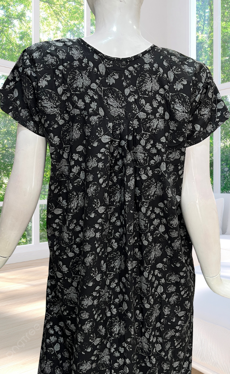 Black Leafy Full Open Soft Cotton Nighty. Soft Breathable Fabric | Laces and Frills