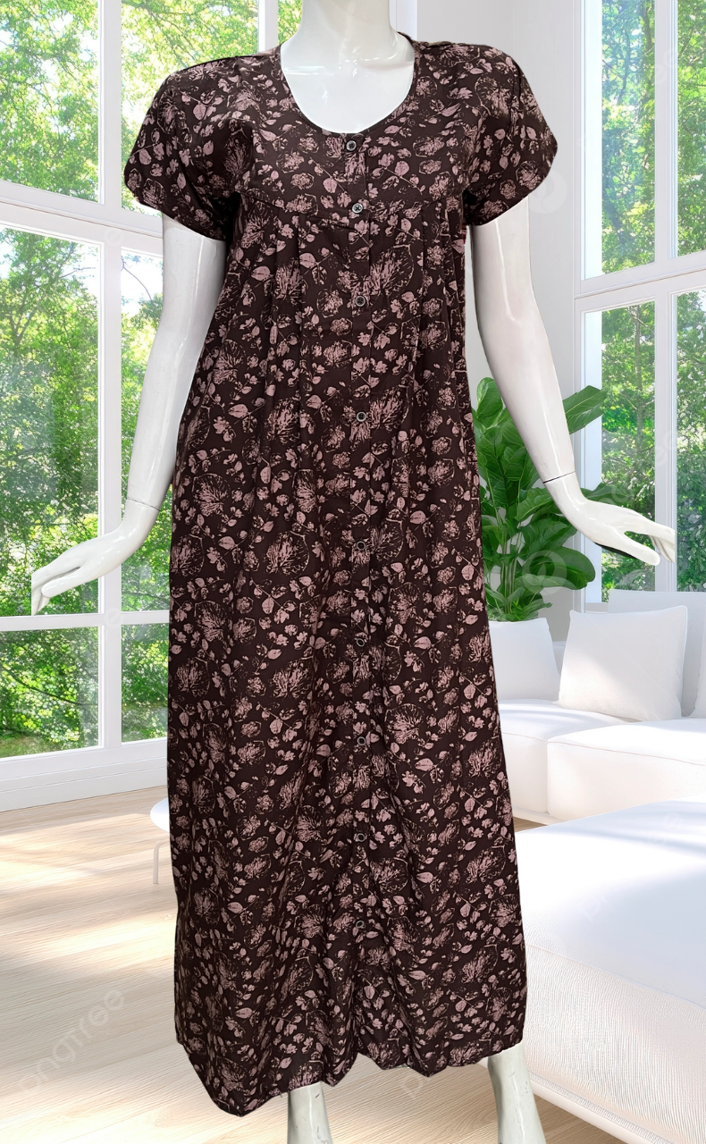 Brown Leafy Full Open Soft Cotton Nighty. Soft Breathable Fabric | Laces and Frills