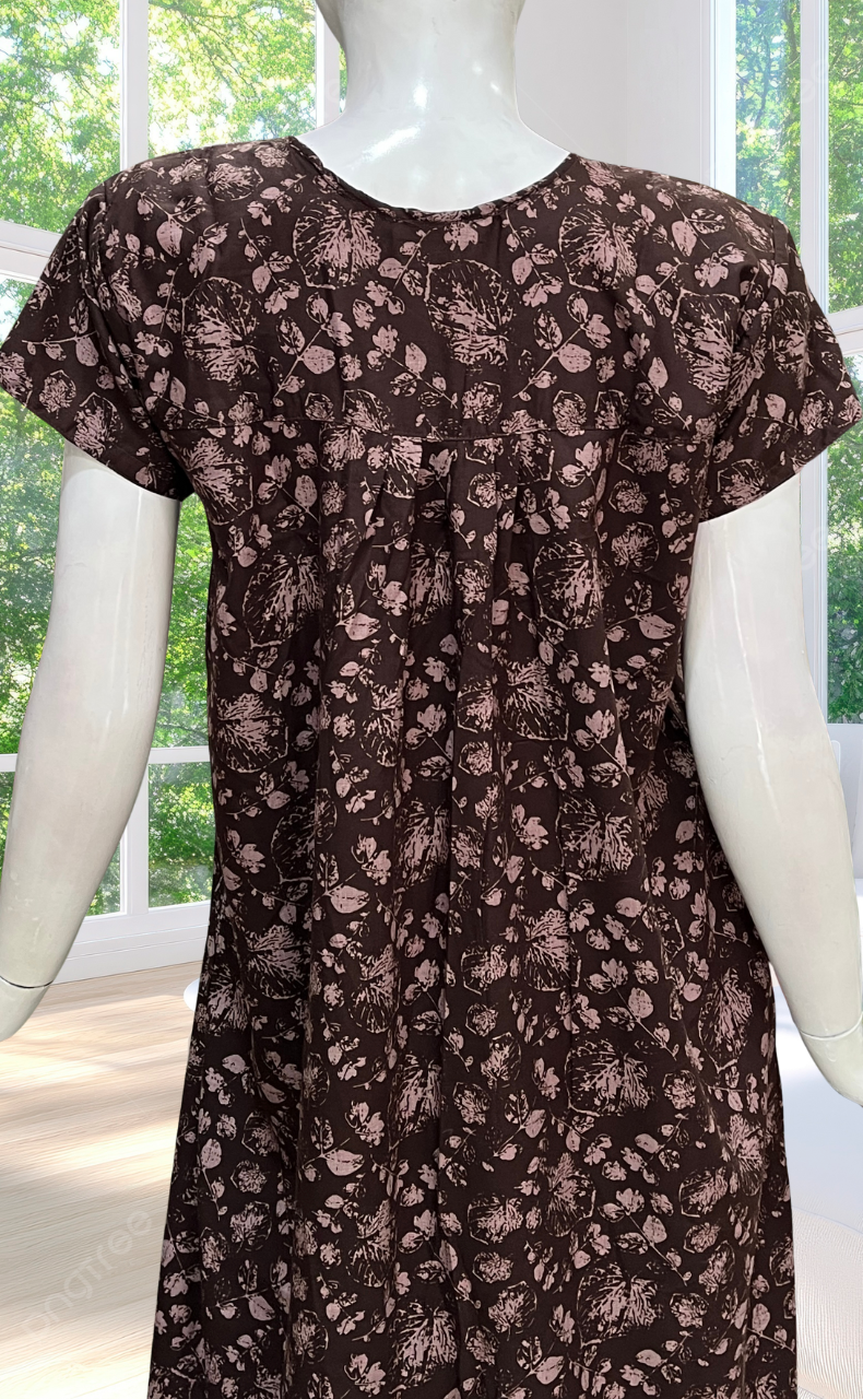 Brown Leafy Full Open Soft Cotton Nighty. Soft Breathable Fabric | Laces and Frills