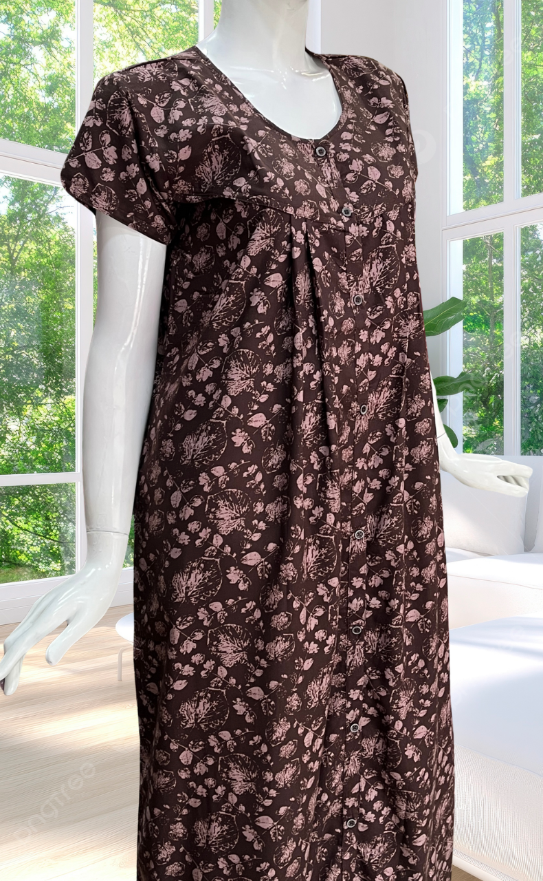 Brown Leafy Full Open Soft Cotton Nighty. Soft Breathable Fabric | Laces and Frills