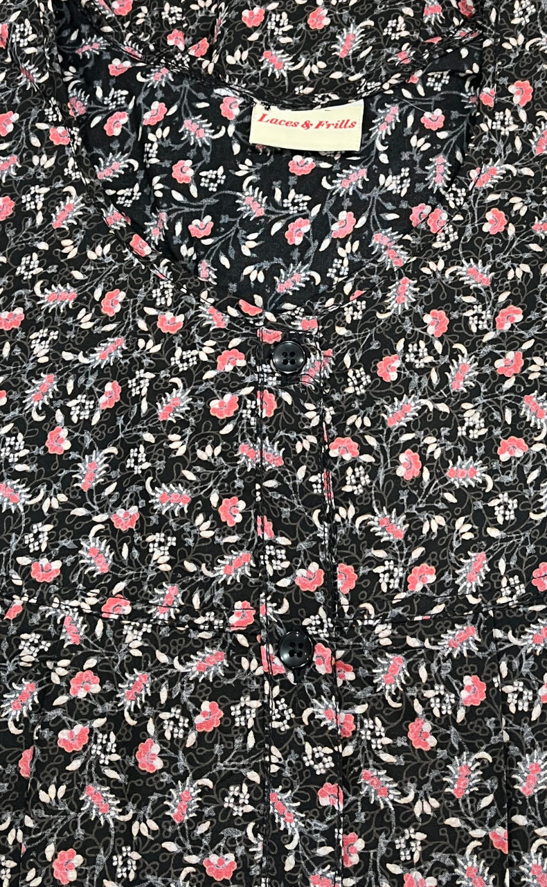 Black Garden Full Open Soft Cotton Nighty. Soft Breathable Fabric | Laces and Frills