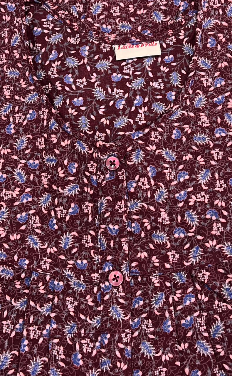 Maroon Garden Full Open Soft Cotton Nighty. Soft Breathable Fabric | Laces and Frills