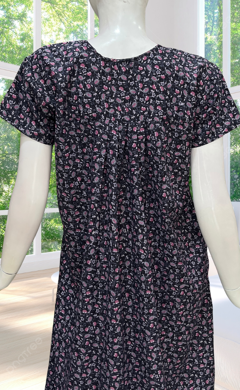 Navy Blue Garden Full Open Soft Cotton Nighty. Soft Breathable Fabric | Laces and Frills