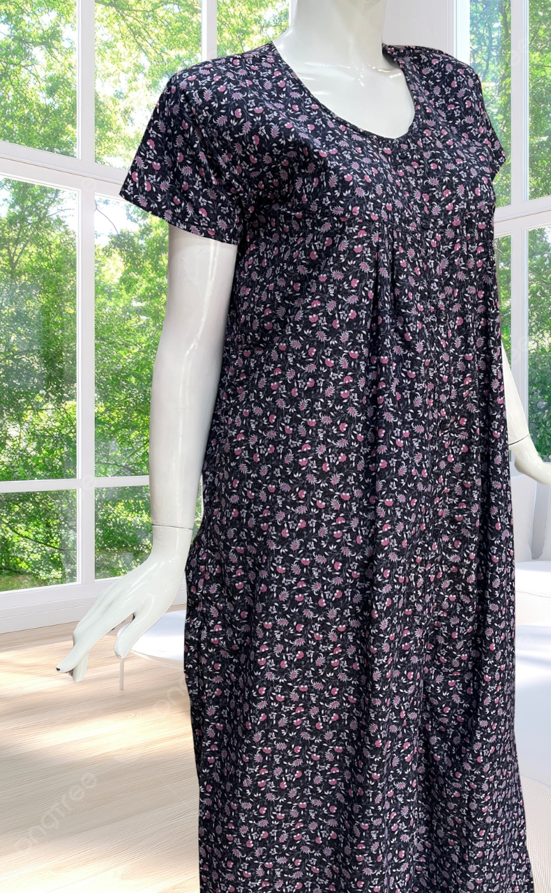 Navy Blue Garden Full Open Soft Cotton Nighty. Soft Breathable Fabric | Laces and Frills