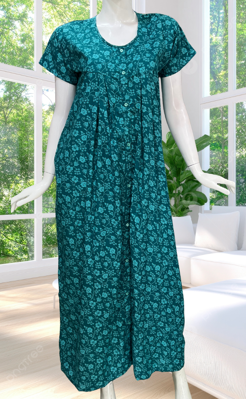 Sea Green Garden Full Open Soft Cotton Nighty. Soft Breathable Fabric | Laces and Frills
