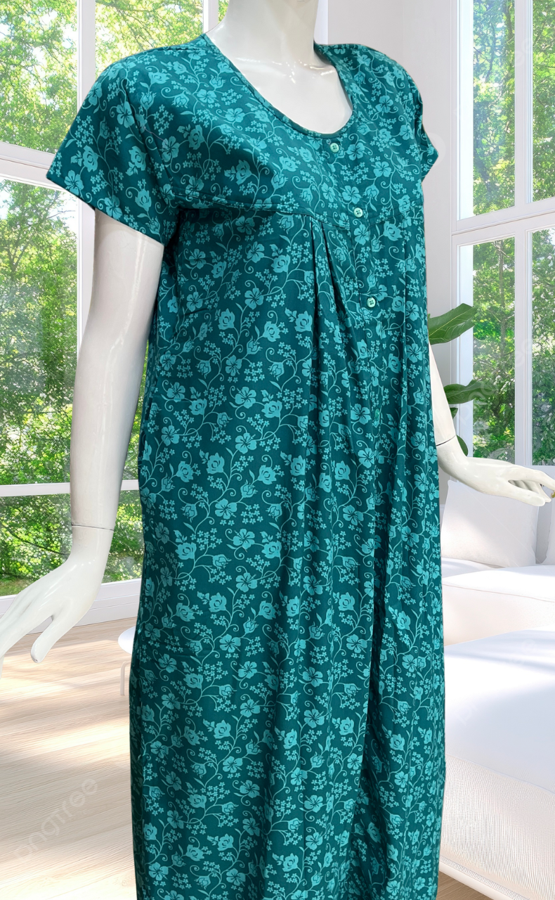 Sea Green Garden Full Open Soft Cotton Nighty. Soft Breathable Fabric | Laces and Frills