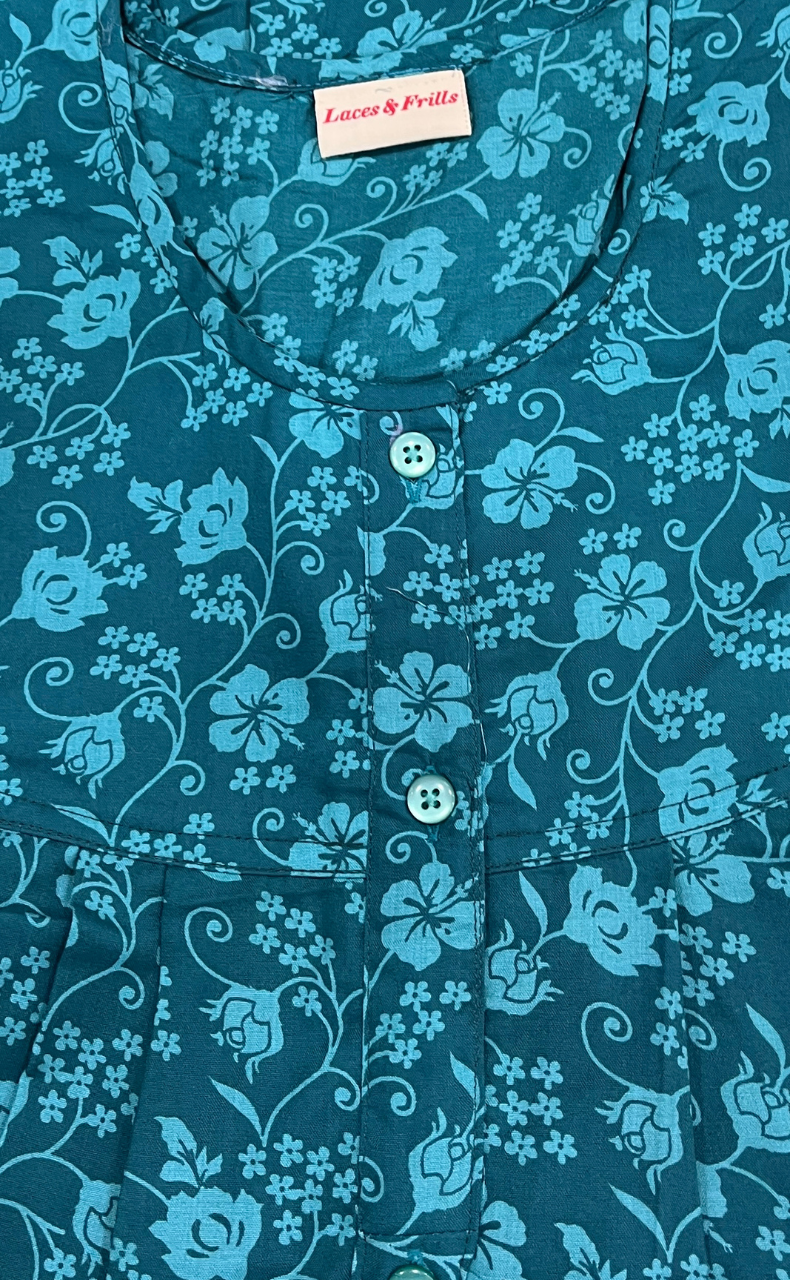 Sea Green Garden Full Open Soft Cotton Nighty. Soft Breathable Fabric | Laces and Frills