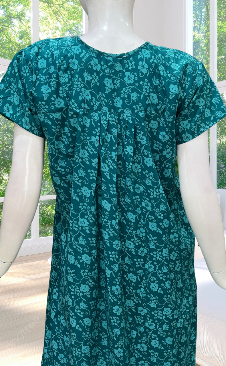 Sea Green Garden Full Open Soft Cotton Nighty. Soft Breathable Fabric | Laces and Frills