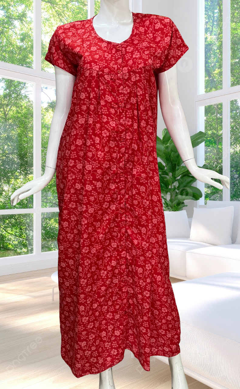 Red Garden Full Open Soft Cotton Nighty. Soft Breathable Fabric | Laces and Frills