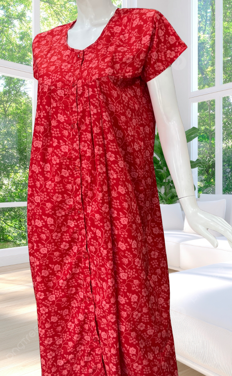 Red Garden Full Open Soft Cotton Nighty. Soft Breathable Fabric | Laces and Frills