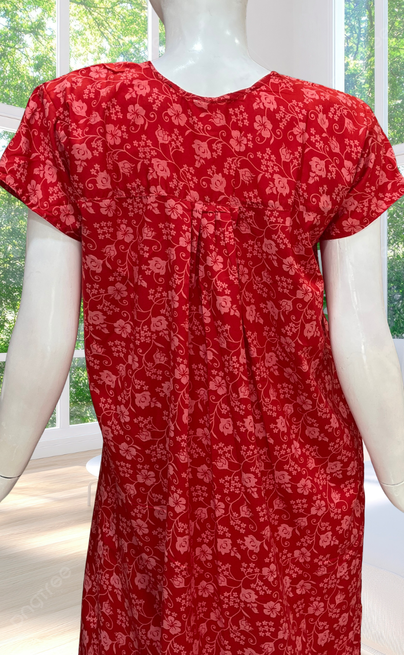 Red Garden Full Open Soft Cotton Nighty. Soft Breathable Fabric | Laces and Frills