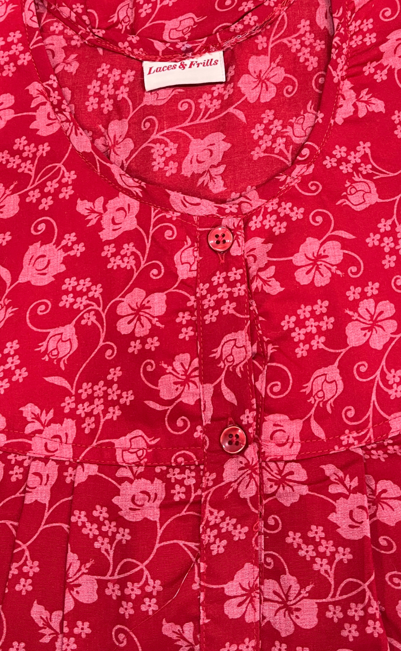 Red Garden Full Open Soft Cotton Nighty. Soft Breathable Fabric | Laces and Frills